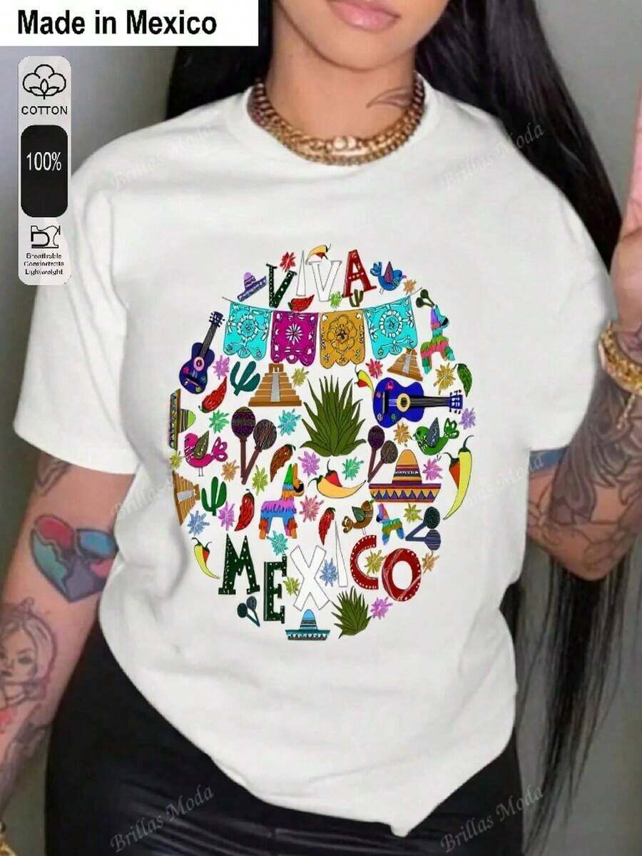 1 camiseta oversize estampada de estilo femenino, que encarna la actitud femenina; 1 camiseta de cuello redondo para mujer, 100 % algodón puro, fresca y cómoda, ideal para llevar en tu tiempo libre, hacer deporte y fitness, viajar y de vacaciones, regalar, las vacaciones de verano y el Día de la Independencia de México. playera de hombretops sudaderas para mujer Y2k Camiseta Camisa De - Blanco - Ver 1