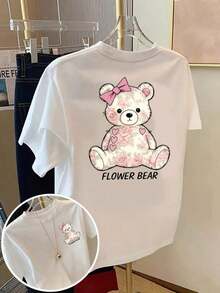 Camisetas de talla grande para mujer - Camiseta holgada de hombros caídos, tops casuales de manga corta, camiseta estampada por delante y por detrás, diseño floral de oso, estampado de rosas rosadas, cuello redondo, manga corta, ajuste cómodo, diseño clásico, artículo de moda, camiseta estampada de doble cara para mujer, transpirable y cómoda. - Blanco - Ver 1