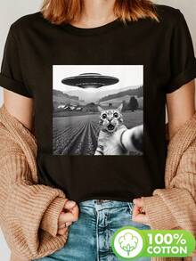 Limited EditionCat UFO Print-Shirt Women, Featuring a Casual Short Sleeve Crew Neck, Spring And SummerLightweight Cotton - Negro - Ver 12