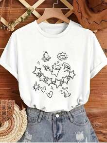 1pcY2K Women's Summer Top, Cute And Fun. Simple Pet Designs, Childlike And Relaxing Style, Exclusive For Owners, Star And Heart Elements, Women's T-Shirt With Cartoon Letter Print. Suitable For Various Occasions, Such As A Gift For Festivals, Birthdays, Music Festivals, Mother's Day, Easter, Graduation Season, Casual And Versatile, Comfortable, For Beach Vacations, Simple And Fashionable, Suitable For Daily Wear For Women And Girls. 100% Cotton. - 白色 - 查看 2