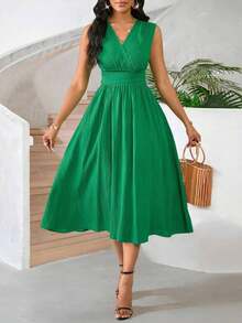 Vestido veraniego sin mangas de mediana longitud para mujer, de tela tejida con textura en color verde - Verde - Ver 7