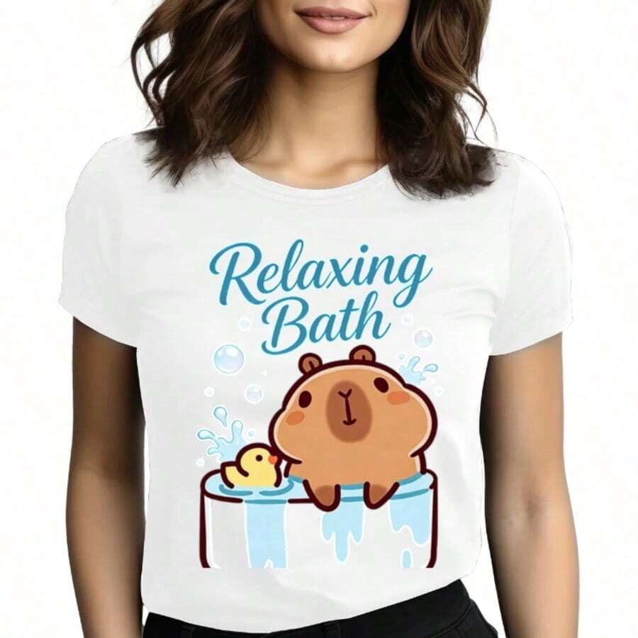 Tops para mujer de Algodón de Verano para Mujer, de Largo Regular, con Estampado de Capibara y Cuello Redondo - Blanco - Ver 1