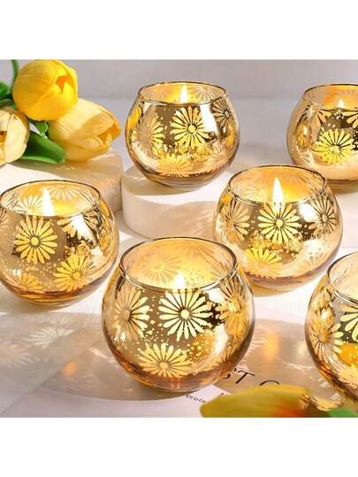 6/1pc Gold/Green Round Glass Candle Holder, Printed Wish Candle Holder For Dining Table, Wedding, Home Decor, Suitable For Wedding, Romantic Night Date, Anniversary, Valentine's Day, Proposal, Party Table Centerpiece Candle Holder