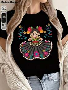 Women's Mexican Style Printed T-Shirt - Vibrant Floral And Folk Art Patterns, Breathable Short Sleeve Crew Neck Top, Regular Fit Summer Casual Style, Machine Washable, Medium Stretch Fabric - 黑色 - 查看 4