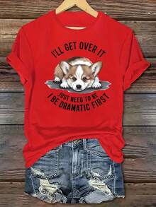 1 Piece Of Women's Casual Short-Sleeved Crew Neck T-Shirt From The  Sports Series, Featuring A Cute Corgi Print And The Phrase "I'll Get Through This, I Just Need To Work Harder," 100% Cotton. Women's Warm Clothing - 紅色 - 查看 7