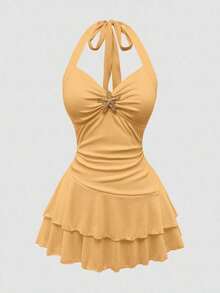 Conjunto de 2 piezas de vestido de tirantes con decoración de estrella de mar y shorts de baño para mujer talla grande, ideal para verano y vacaciones en la playa - Amarillo claro - Ver 6