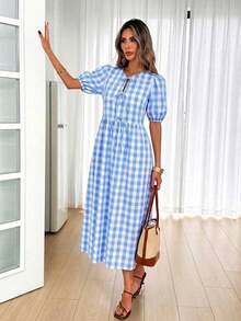 Vestido casual de fiesta a media pierna con cordones y pliegues de mujer a cuadros - Azul y blanco - Ver 4