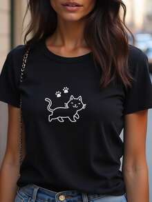 Camiseta negra vintage suave para mujer con estampado de un lindo gato blanco caminando - Camiseta casual de manga corta con cuello redondo para todas las estaciones, camiseta minimalista para el uso diario para amantes de los gatos, ropa cómoda y versátil con temática de animales, camiseta de gato para mujer, artículo de almacén local para mujer, blusa hermosa para mujer, camiseta para mujer, camiseta gráfica para mujer, camiseta para mujer, camisa de mujer, blusa de mujer, top para mujer, ropa de gimnasio para mujer, tops para mujer. - Negro - Ver 6