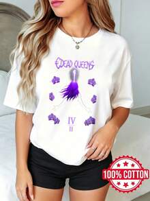 Camiseta estamp de manga corta y cuello redondo para mujer, verano, estilo casual Reinas Muertas Coronúrpura Flores Números Romanos S-3XL 100% aodón - Blanco - Ver 2