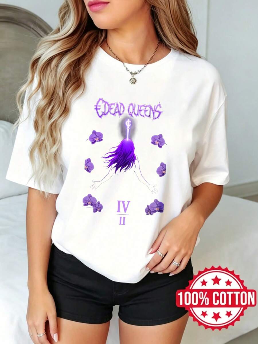 Camiseta estamp de manga corta y cuello redondo para mujer, verano, estilo casual Reinas Muertas Coronúrpura Flores Números Romanos S-3XL 100% aodón