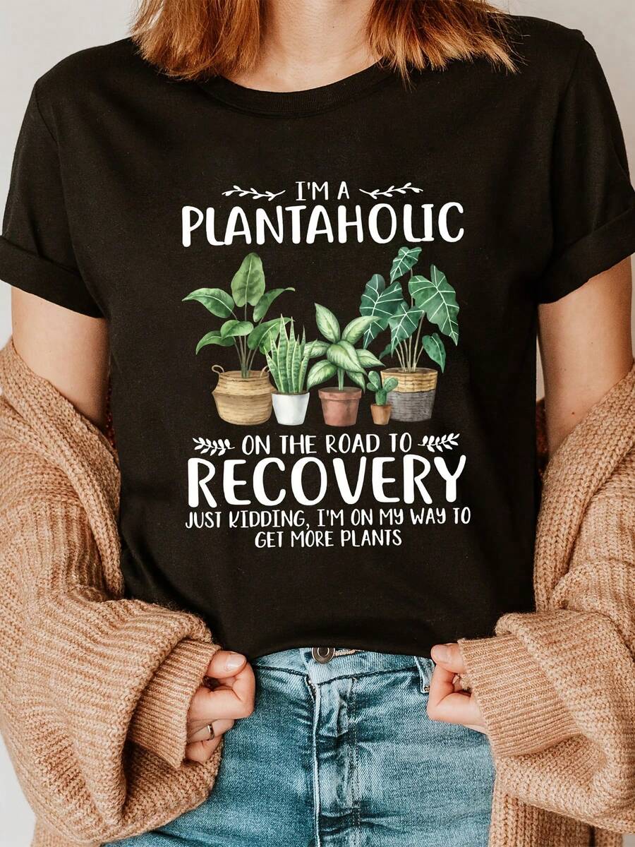 Women's Modern, Casual T-Shirt, Perfect For Parties And Lounging At Home. 100% Cotton, Loose Fit. Plant Print Crew Neck T-Shirt, Casual Short Sleeve T-Shirt For Spring & Summer, Women's Clothing. 100% Cotton - 黑色 - 查看 1