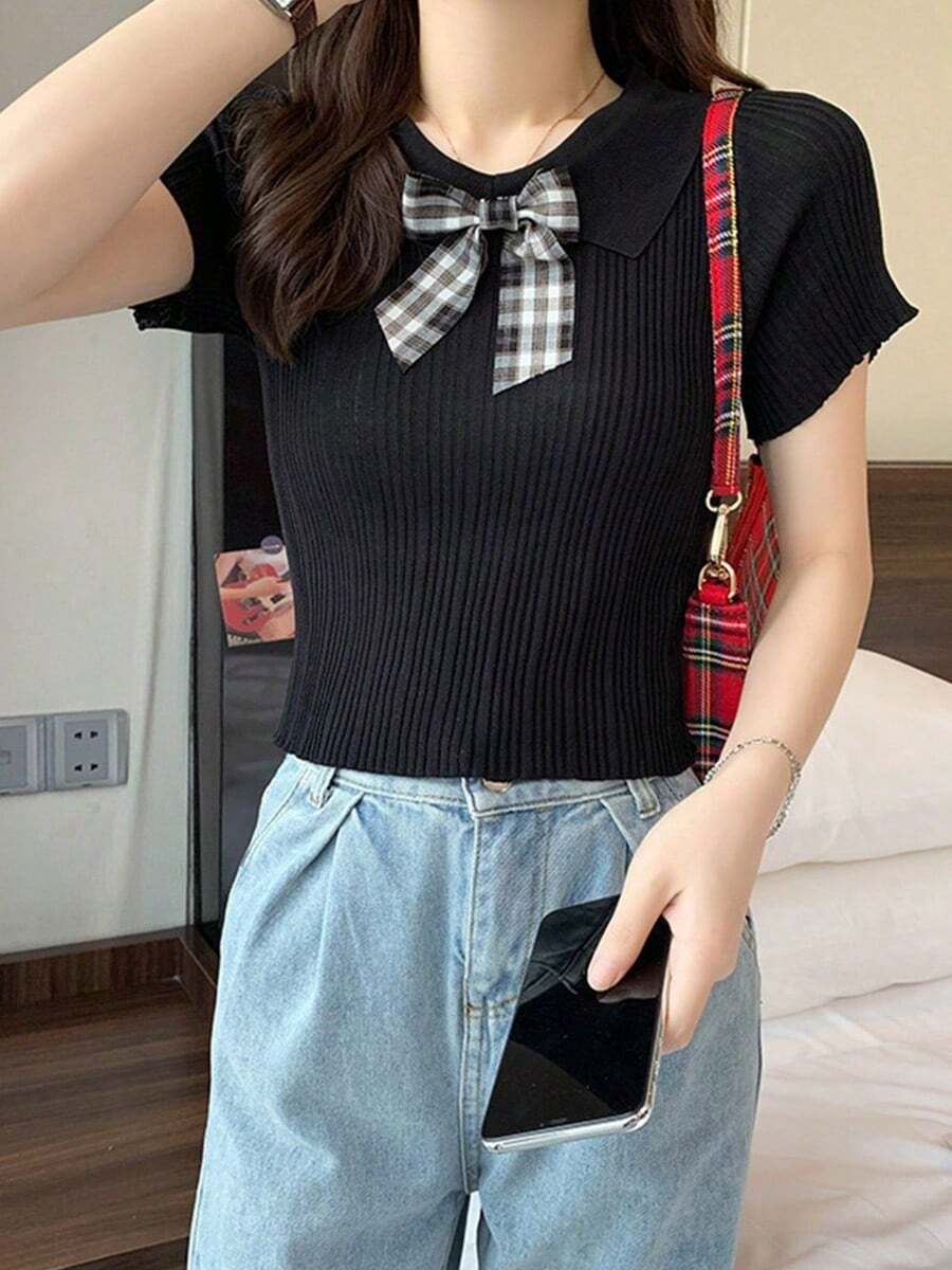 Women's Blouse Short Sleeve Knit T-Shirt With Wrist Collar And Tie Korean Style Summer Women's Cropped, Abdominal-Breasted, Elastic Ice Fiber - 黑色 - 查看 1