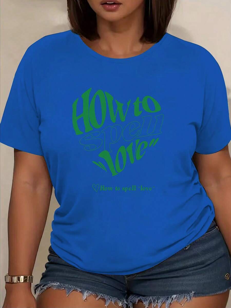 Camiseta clásica con estampado tipográfico de "How to Spell Love Heart", manga corta informal, ropa de verano para mujer, longitud regular, adecuada para la oficina, atuendos para ir al trabajo, prenda básica más vendida. - Azul - Ver 1