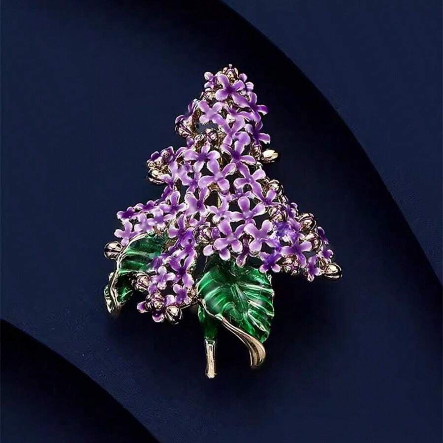 1pc Elegant Purple Lilac Flower Enamel Brooch For Women, High-End Vintage Style, Alloy Brooch For Party Or Daily Wear - Purple - View 1