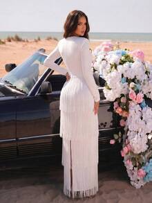 New Arrival European And American Fashion Square Neck Diamond Flower Design Layered Tassel Fitted Party Dress For Women - White - View 5