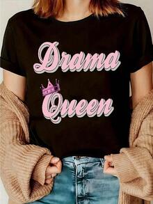 1 Piece Of Casual Short-Sleeved T-Shirt With Round Neck And Graphic Print, Perfect For Summer And Spring, Designed For Women, 100% Cotton. - 黑色 - 查看 7