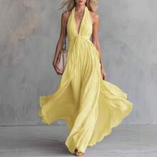 Nuevo 2026 Vestido Ajustado Mujer Color Sólido Cuello en V Sin Mangas Estilo Europeo Americano - Amarillo - Ver 3