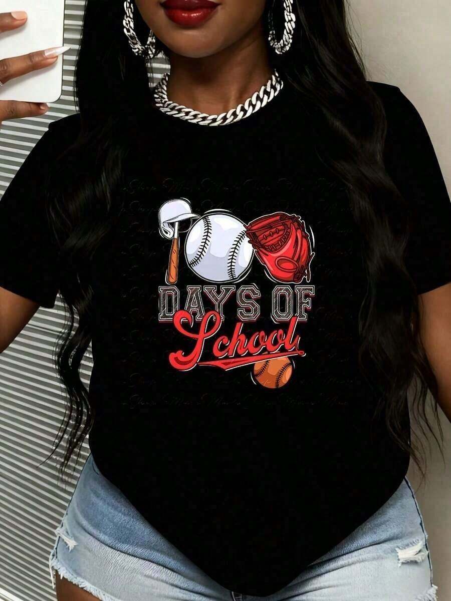Comfortable Women's White Baseball-Themed T-Shirt With "School Days" Graphic Print, Casual Summer Top, Short-Sleeve Cotton T-Shirt, Sporty Style, Fashionable Tee, 100% Cotton. Loose And Versatile Women's Short-Sleeve T-Shirt - 黑色 - 查看 1