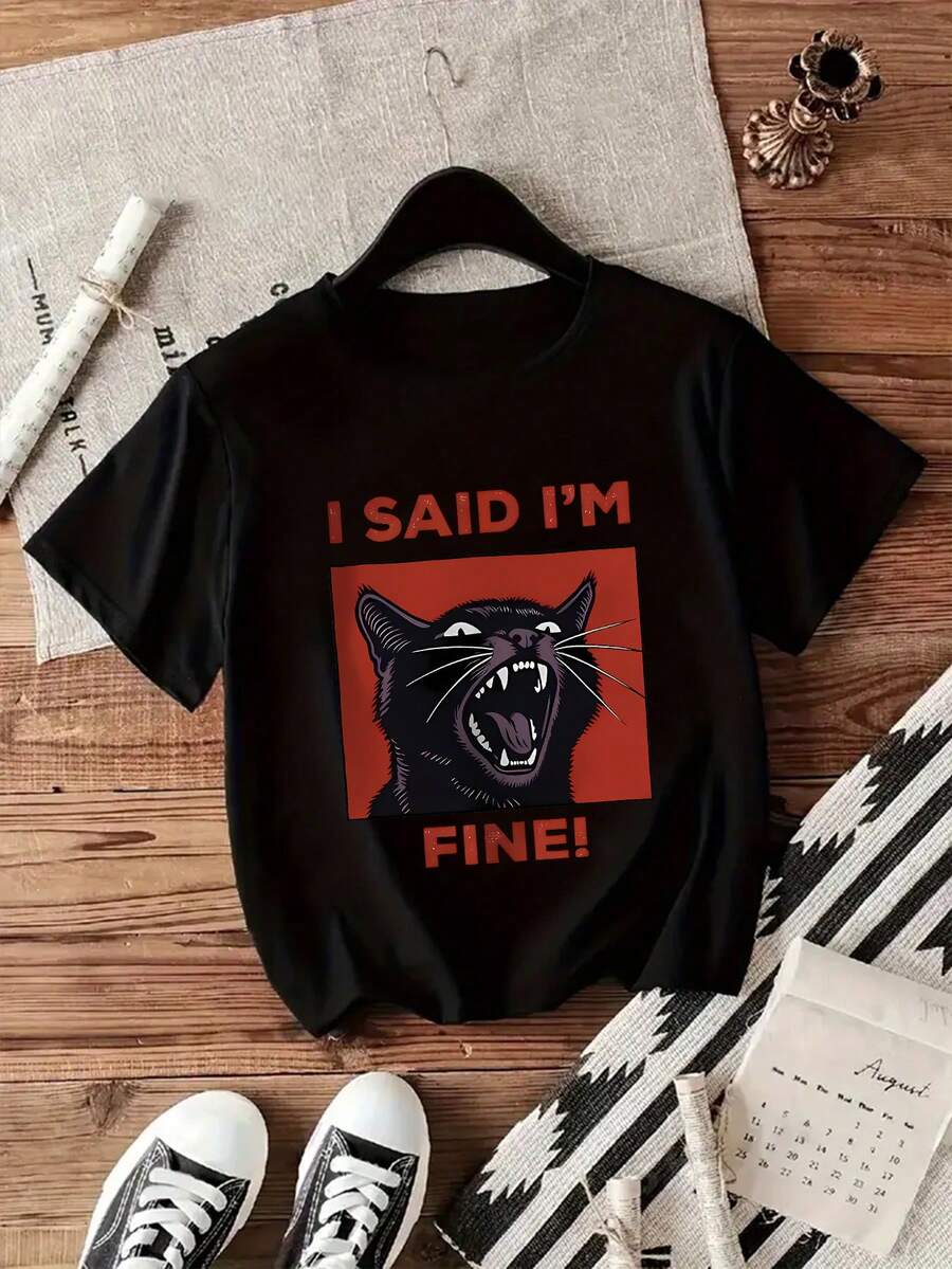 1PC Women's Short Sleeve Crew Neck T-Shirt, Polyester Woven, Casual Style, All Seasons Design, Creative And Modern Black Cat Print. Women's Warm Clothing - 黑色 - 查看 1