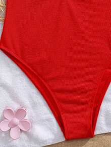 Traje de baño de una sola pieza para mujer, diseño de cortes circulares con cruce de bandas y decoración de estrellas de mar metálica, que proporciona control de abdomen - Rojo - Ver 4