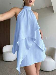 Vestido de satén de línea A con escote halter y espalda descubierta de unicolor amarillo/crema, adecuado para primavera/verano, vacaciones, playa, invitada elegante de boda, fiestas, ocasiones de otoño/invierno, Navidad elegante, Halloween - Celeste - Ver 5