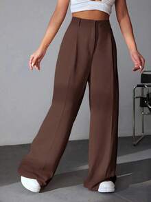 Pantalones casuales y versátiles de cintura alta con pierna ancha de unicolor - Marrón - Ver 6