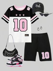 Conjunto de camiseta y pantalones cortos de ciclista con estampado gráfico de número 13 y eslogan, de moda casual para mujer - Multicolor 16 - Ver 3