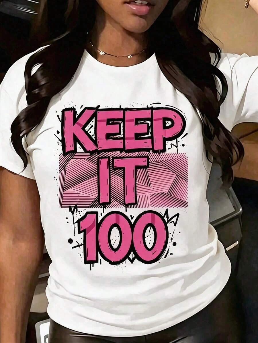 Women's "Keep It 100" Graphic T-Shirt - Neon Green Text With Bold Design - Casual Crew Neck T-Shirt For Everyday Wear - White 4 - View 1