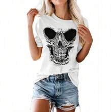 Camisa de calavera para mujer, camisetas gráficas de esqueleto vintage, camisetas góticas punk rock, camisetas novedosas de terror para Halloween, camisetas - Blanco - Ver 1