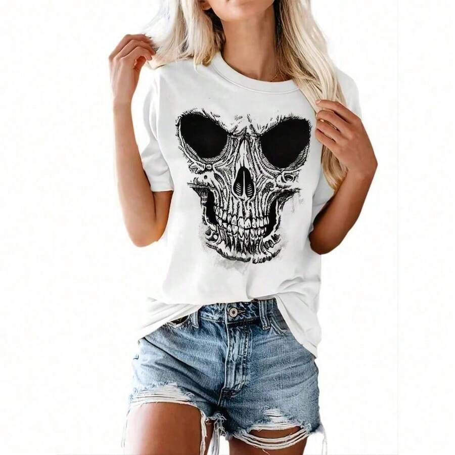 Camisa de calavera para mujer, camisetas gráficas de esqueleto vintage, camisetas góticas punk rock, camisetas novedosas de terror para Halloween, camisetas - Blanco - Ver 1