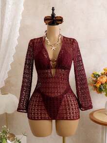 Conjunto de bikini de atar elegante y vintage de color marrón sólido para mujer, ideal para vacaciones y uso casual. Vestido con textura como cubierta de traje de baño, ropa de playa para primavera/verano - Burdeos - Ver 8