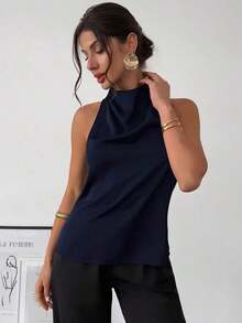 negra ajustada de estilo casual y elegante para la temporada de primavera/verano, con cuello asimétrico, sin mangas, escote halter, espalda descubierta y decoración de lazo - Azul marino - Ver 7