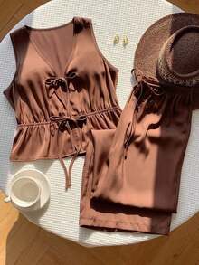 Conjunto informal de chaleco y pantalones con cordones en marrón para mujer - Marrón - Ver 4