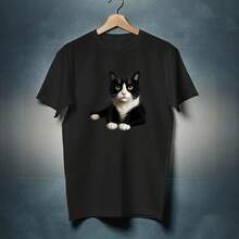 Camiseta unisex con diseño artístico de un gato esmoquin de ojos verdes, hasta la talla 5XL - Negro - Ver 6