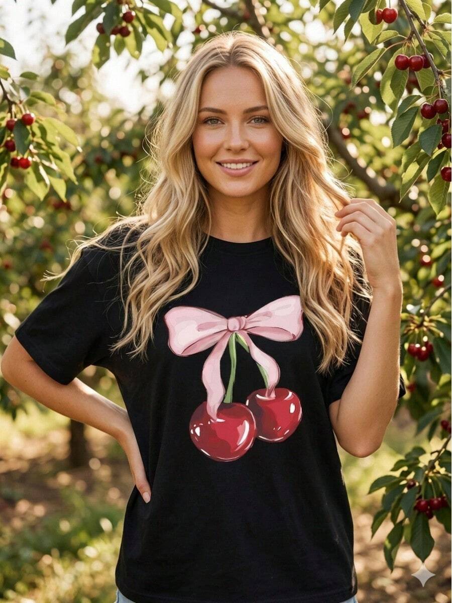Women's Short-Sleeved T-Shirt, Made Of Pure Cotton, With Print, Casual White Round Neck T-Shirt, Machine Washable, Suitable For Spring/Summer/Autumn. - Black - View 1