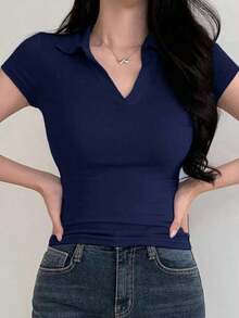 Camiseta polo de manga corta de ajuste ceñido de unicolor para mujer, casual de verano, casual de negocios, tops estilo universitario para mujer - Azul marino - Ver 5