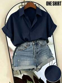 Blusa de Mujer de Diseño Francés Elegante y de Alta Gama con Manga Holgada Tipo Murciélago y Cuello Reversible - azul real - Ver 1