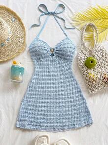 Vestido mini con textura, escote en V, decoración de estrella de mar metálica, cuello con lazo, espalda descubierta, ideal para vacaciones, citas, té de la tarde, días festivos, festivales de música, estilo bohemio - Azul 2 - Ver 3