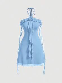 Vestido de malla elástica de punto para mujeres con decoración floral, volantes sin mangas en color lila - Azul - Ver 1