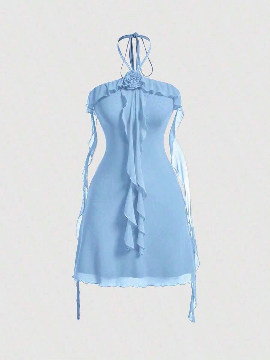 Vestido de malla elástica de punto para mujeres con decoración floral, volantes sin mangas en color lila - Azul - Ver 1
