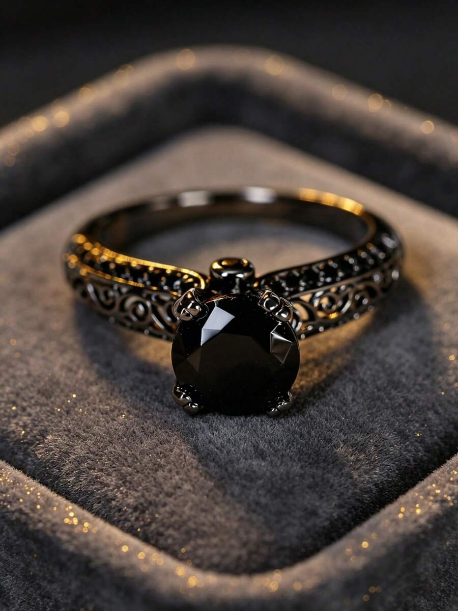 1pc Vintage Black Zirconia Ring, Niche Luxury Distressed Design Personalized Finger Ring For Women - JZ20316 - View 1