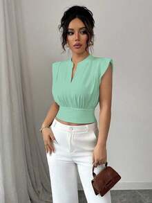 Nueva camiseta sin mangas ajustada para mujer con cuello alto de punto, media cremallera frontal y estilo informal - verde menta - Ver 5