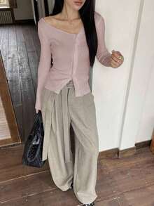 Blusa casual de mujer de punto acanalado con botones y manga corta - Rosa 2 - Ver 4