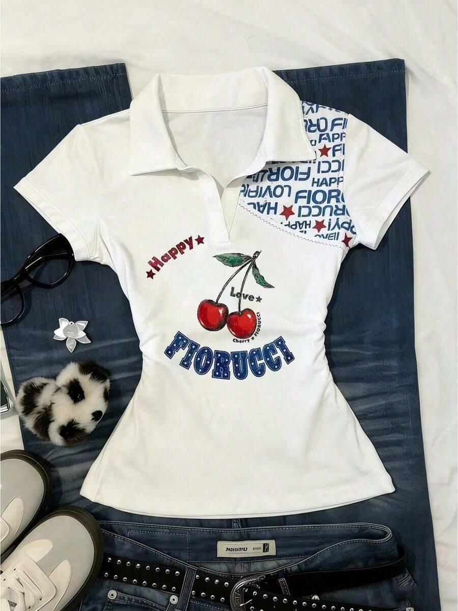 Camiseta casual de mujer con estampado de letras, verano - Multicolor 5 - Ver 1