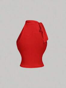 Blusa elegante y chic de unicolor con cuello plisado y recortado, ajustada, para el verano - Rojo - Ver 4