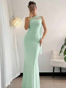 xheFirerie Vestido maxi ajustado de estilo elegante y romántico, con cuello asimétrico, adecuado para fiesta, vacaciones en la playa, vuelta al colegio, citas románticas, temporada de bodas, cumpleaños, Pascua, primavera/veranoxhe - Agua verde azul - Ver 4