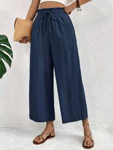 Pantalones casuales de mujer con cintura con cordón a cuadros - Azul marino - Ver 4
