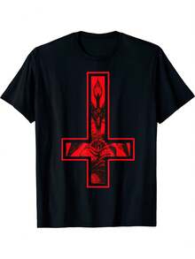 Baphomet T-Shirt With Inverted Cross, Occultism, Satanism, "Greetings To Satan", Available In Sizes S-5XL, Made Of Comfortable 180G Fabric. This Unisex T-Shirt Has A Crew Neck And Short Sleeves, Ideal For Birthday Parties. It's A Great Gift For Fans. - 黑色 - 查看 6