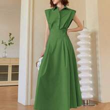 Women's Solid Color Sleeveless Elegant Midi Dress, Collared Dress Elegant Old Money Style, Spring/Summer Dress, Summer Outfits For Women, Graduation, Prom, Business Casual Black - Caqui - Ver 10