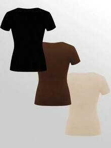 3 piezas Mujer Verano Casual Commuting Minimalista unicolor Medio Botón Cardigan Fruncido Camiseta Ajustada - Multicolor - Ver 2